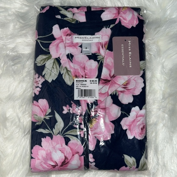🆕Miss Elaine Essentials Knit Long Front Zip Robe Navy/Pink Roses Size S - Picture 4 of 11